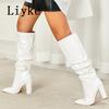 Fashion Liyke 2025 Autumn Winter Pleated Patent Leather Knee High Boots Female Pointed Toe Slip On Motorcycle Shoes Women Square Heels