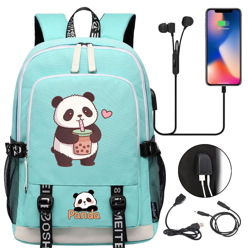 Kawaii Panda Print Tiener USB Laptop Rugzak Kinderen Jongens Meisjes Terug Naar School Boekentassen Vrouwen Mannen Reizen Rugzak