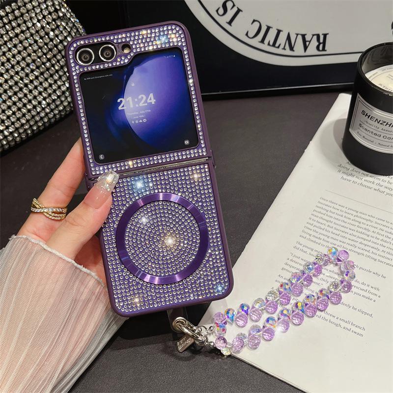Diamond Magnetic Protective Case with Lanyard for Samsung Z Flip 6/7, Compatible with Wireless Charging