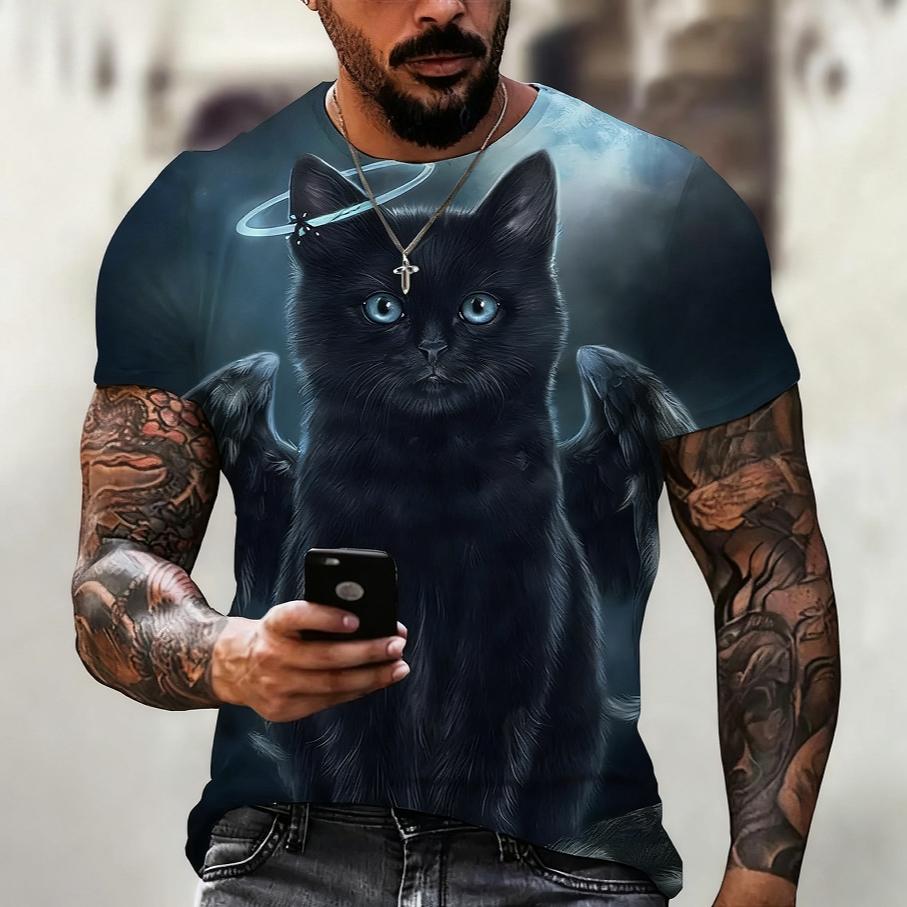 Summer Round Neck Animal Cat Pattern 3D Print Top Fashionable Casual Short Sleeved Men's T-shirts