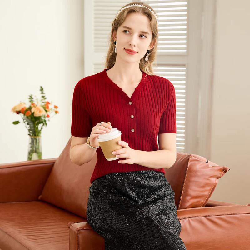 TUHUANG Women's Merino Wool Ribbed Knit V-Neck Short Sleeve T-Shirt