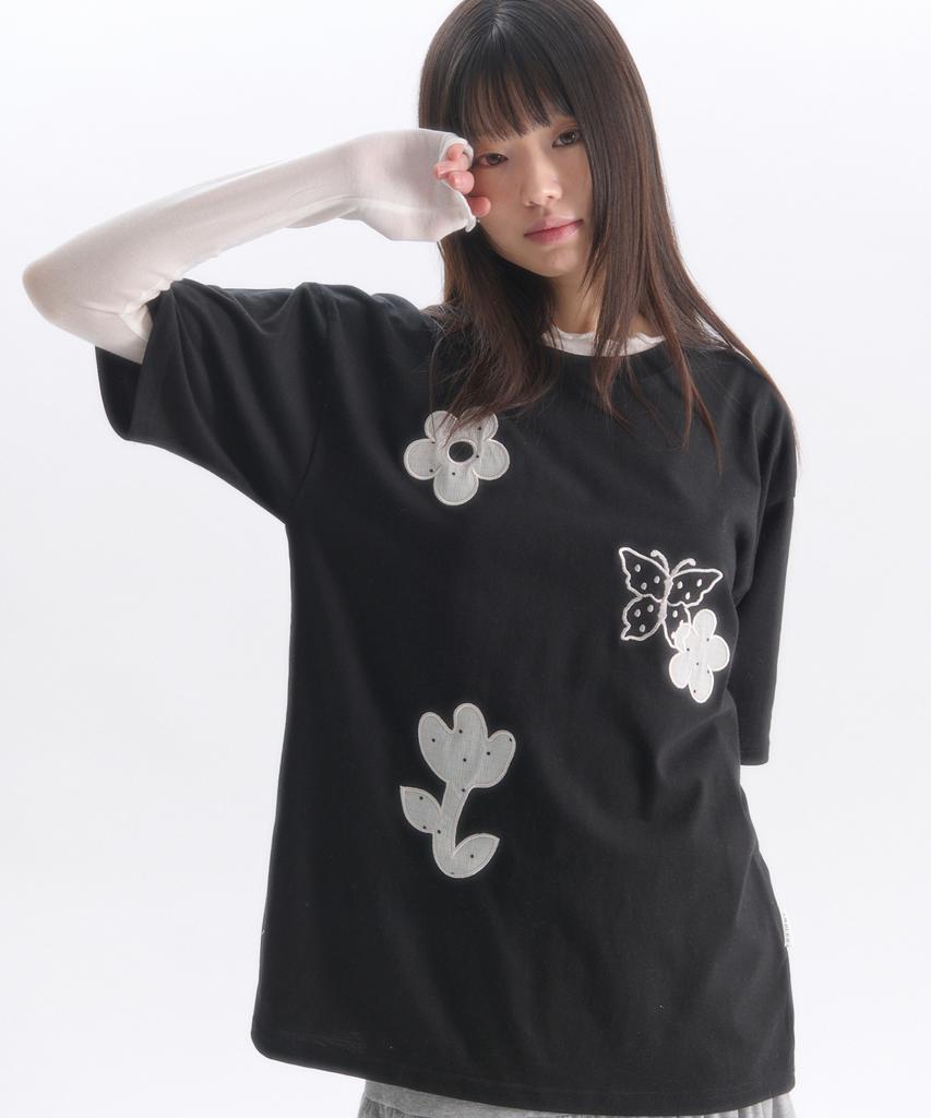 AMBLER See-Through Flower Embroidered Short Sleeve T-Shirt As1305 (Black)