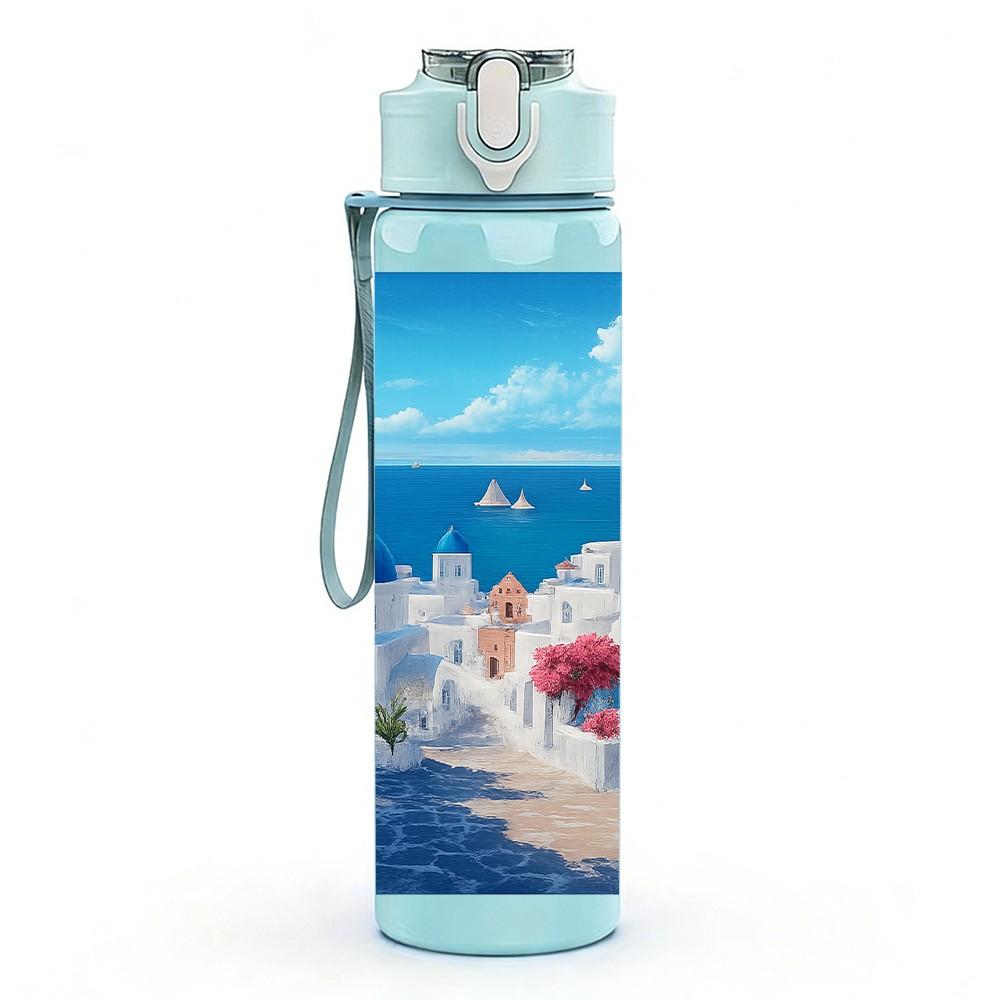 1PC Santorini Blue White Building Print 750ml Color Plastic Sports Water Bottle Leakproof Flip Straw Lid Suitable for Sports Office Home Use
