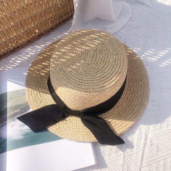 British Hepburn Style Bow Lafite Straw Hat Flat Top Vacation Vacation Beach Hat Women's Summer Top Hat