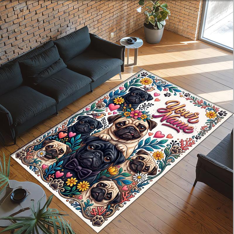 Pug Theme Crystal Velvet Floor Rug Personalized Custom Name Text Warm Carpet Home Decoration