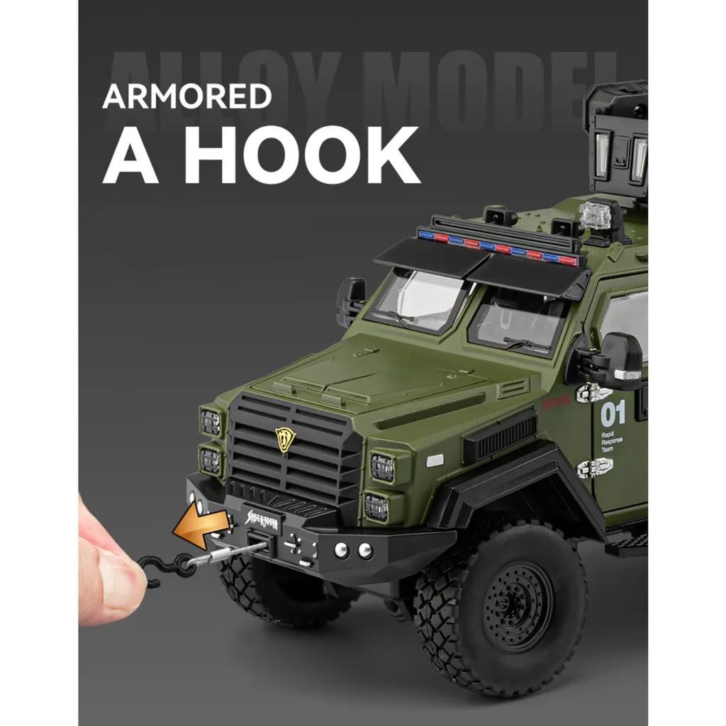 1/24 Legierung Schwertzahntiger Explosionsgeschütztes Automodell Druckguss Polizei Gepanzerte Geländefahrzeuge Automodell Sound Licht Spielzeug Geschenk