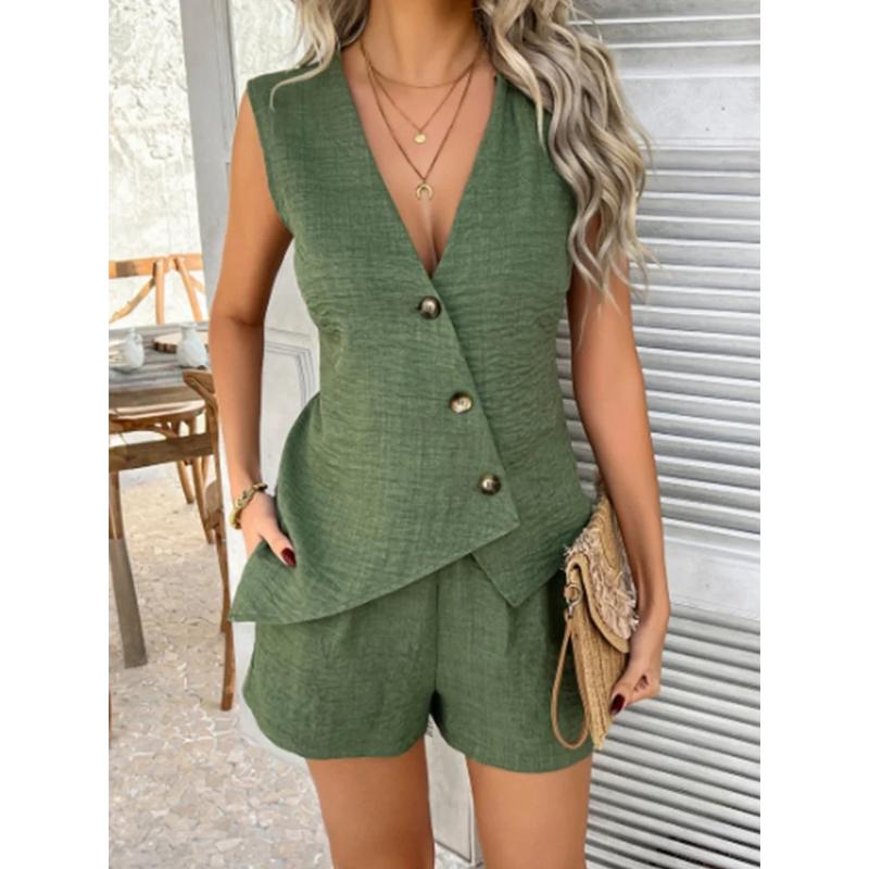 Sleeveless Solid Color Vest Cardigan Button Up Women's Top Daily Casual Elegant Commuting Style Summer Set