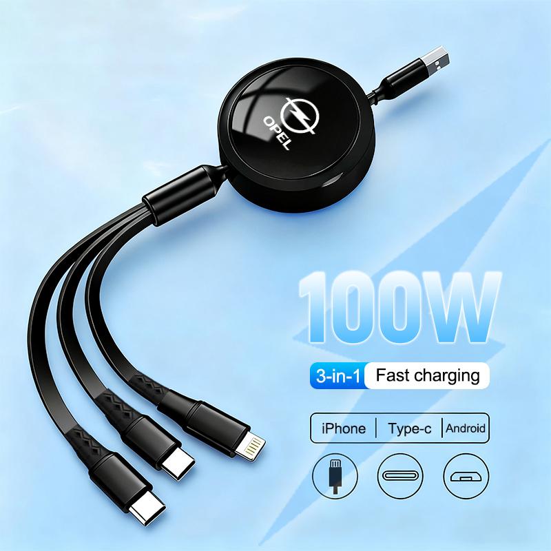 6A 100w Data Cable 3 in1 Fast USB Cable Retractable Portable Charging Line For Opel Astra Insignia Vivaro Corsa Mokka Zafira OPC