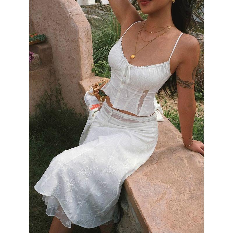 White Rose Julie Set French style Pure Design Embroidery Lace Sling + Mesh Patchwork Skirt Two-piece Set