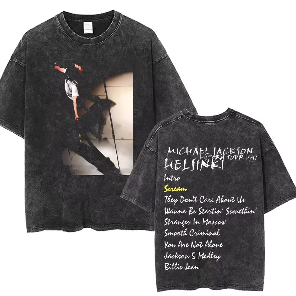 Der König des Pop Michael Jackson Vintage Washed T-Shirts Herren Damen Lässig Retro Baumwoll-T-Shirt Männlich Gothic Rock Übergroßes T-Shirt