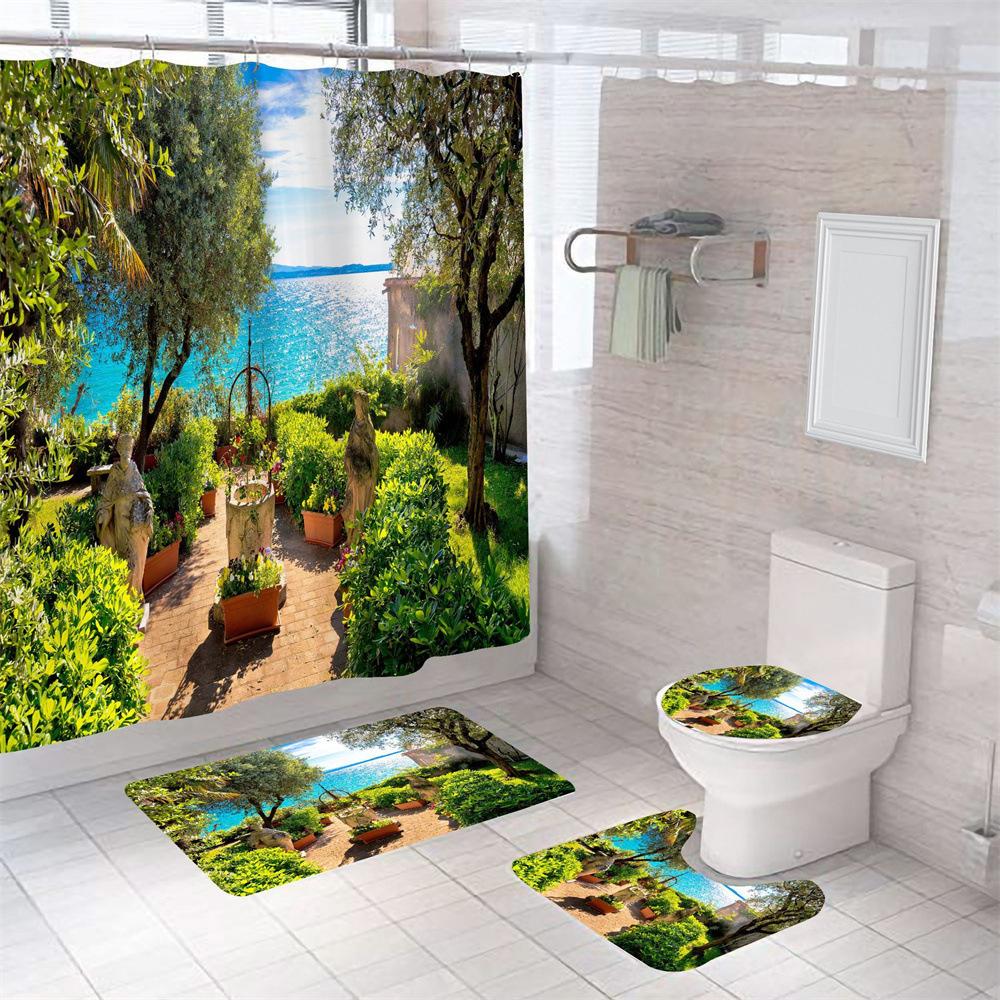 Nature Scenery Shower Curtain Set Green Forest Mountain River Landscape Bathroom Shower Curtain Waterproof Fabric Bathroom Sets