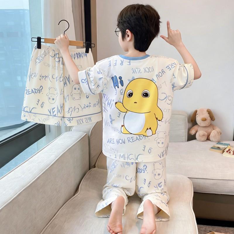 Boys Cotton Pajama Set Short Sleeve Shorts 3-Piece Cartoon Sleepwear Lightweight Home Outfit Kids