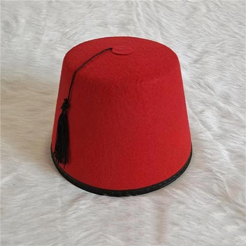 Round Felt Fez Cap Breathable Red Color Fez Hat Moroccan Hat Cosplay Turkish Tassels Cap Festival Supplies
