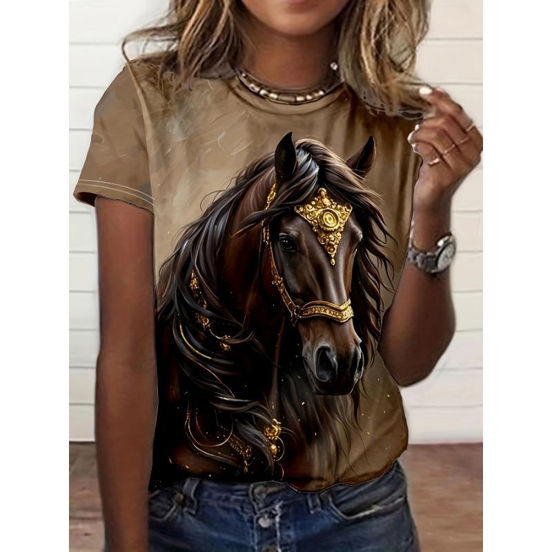 Women's Tee - Ornate Gilded Blue Horse Graphic, Regal Mythical Steed Design for Casual Daily Wear