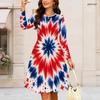 Women Plus Size Round Neck Long Sleeve Midi Dress Geometric Glitter Star Burst Print High Waist Swing Dress