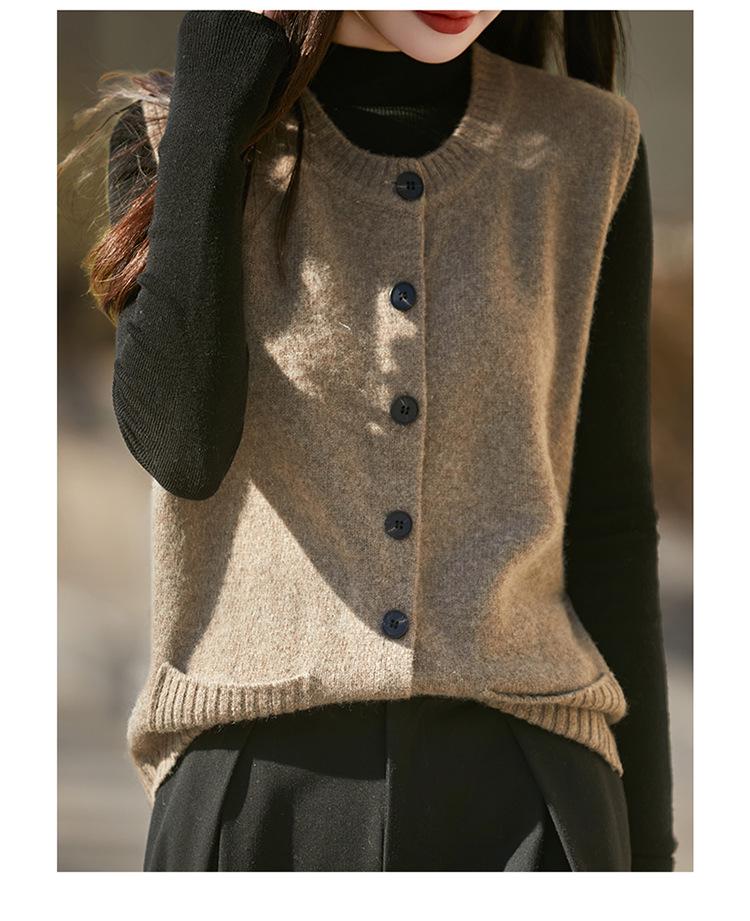 Damen Strickweste aus reiner Wolle - Rundhals-Cardigan mit Taschen für Herbst/Winter zum Schichten
