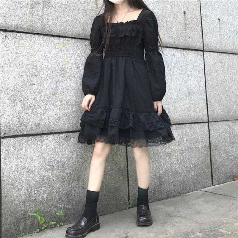 Frauen Spitze Rüschen Lolita Kleid Herbst Mädchen Langarm Mini Kleider
