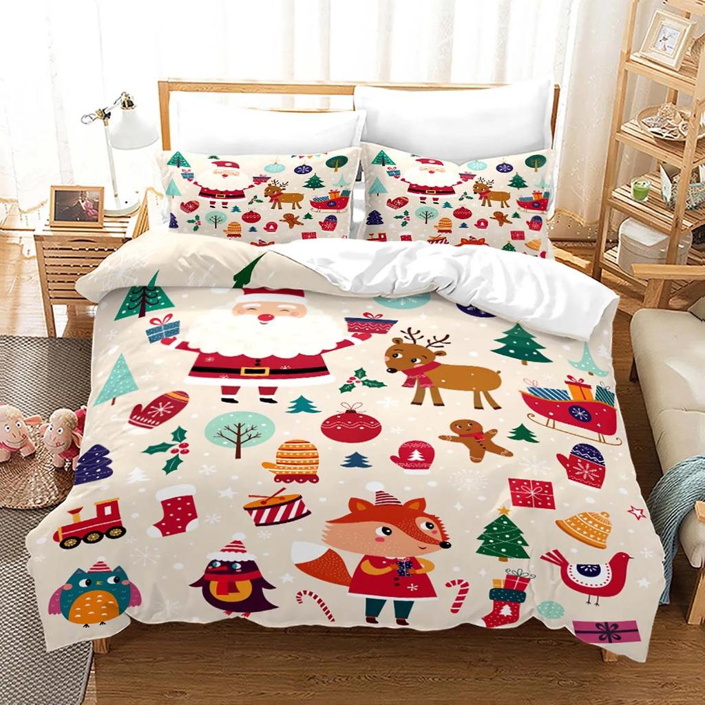 Red Christmas Duvet Cover Santa Claus Snowman Bedding Set Microfiber Cartoon Comforter Cover With Pillowcases