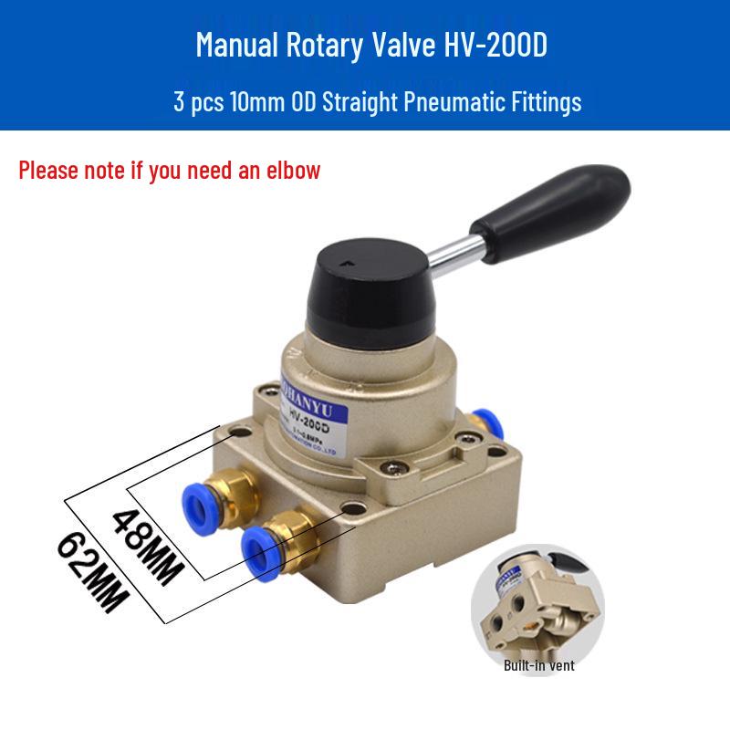 Pneumatický ručně ovládaný ventil HV-200D: Směrový pneumatický ovládací pákový ventil s dvěma vstupy a dvěma výstupy.