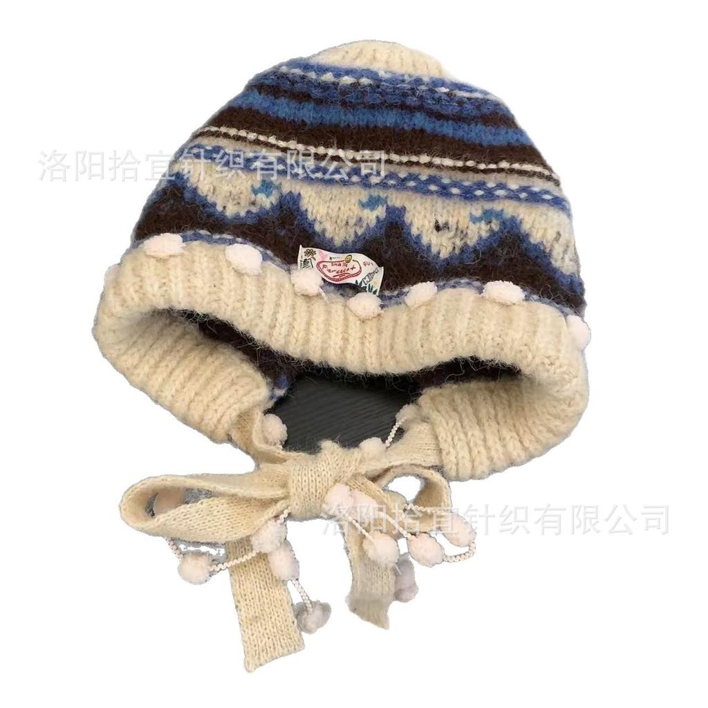 Fair Island knitted headgear female winter face small ear protection warm Lei Feng hat retro ethnic wind windproof wool hat