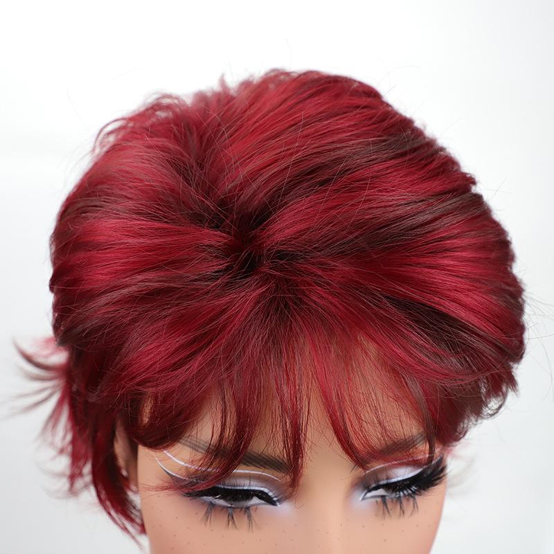 Parrucche Sintetiche con Frangia per Donna Capelli Corti Naturali Mossi Ricci Rosso Vino Parrucca Quotidiana da Festa Cosplay Parrucca Femminile in Fibra ad Alta Temperatura