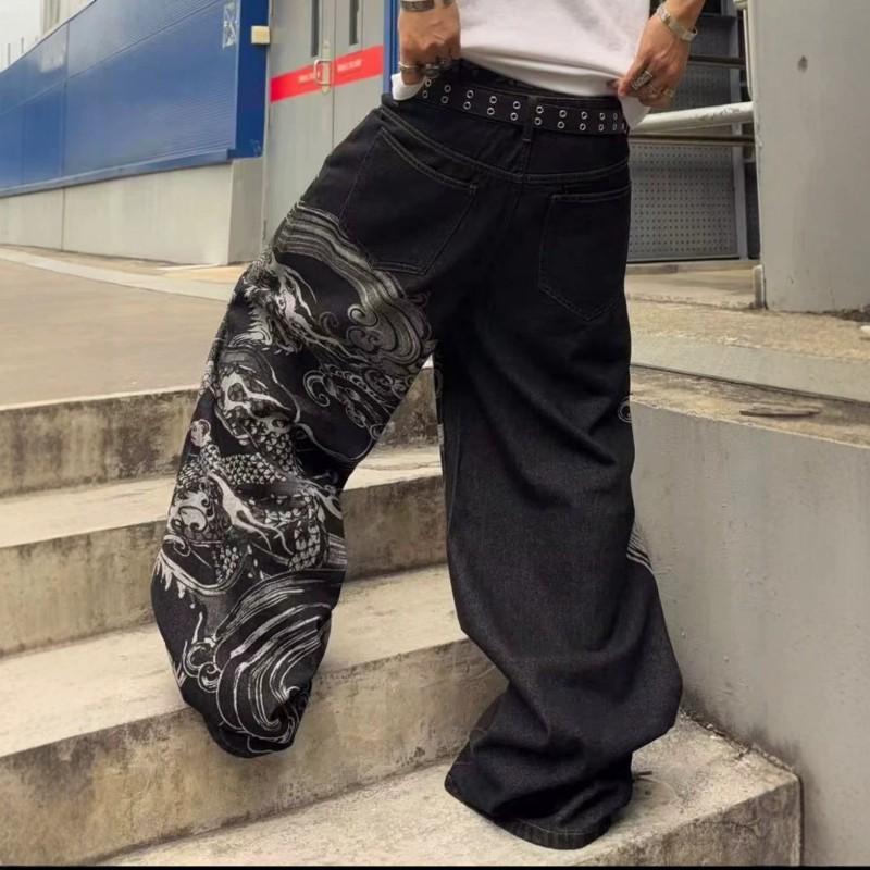 Dżinsy Jeansowe z Wysokim Stanem o Prostym Kroju z Nadrukiem Smoka Streetwear Codzienne Spodnie Męskie