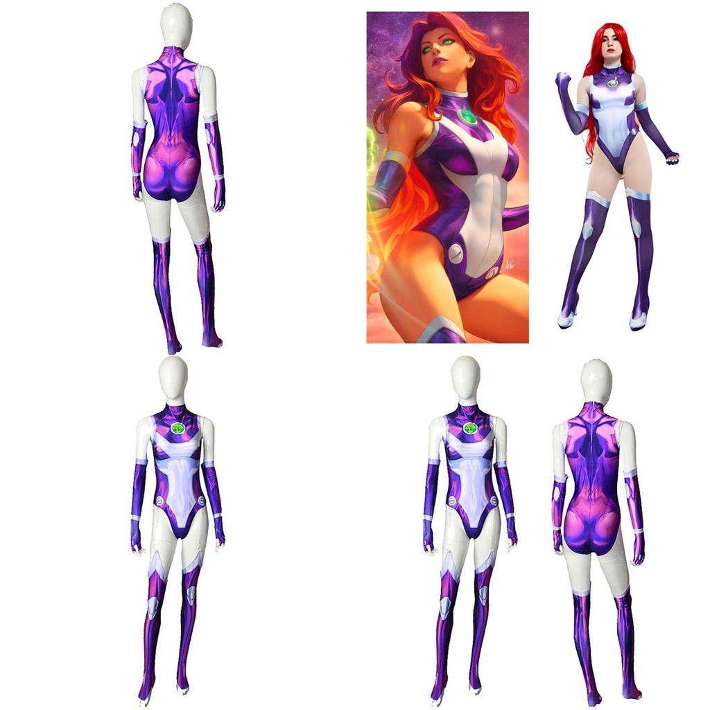 Mono de Cosplay Starfire de Teen Titans Disfraz de Halloween para Adultos Niños Tejido Elástico Transpirable Estampado 3D
