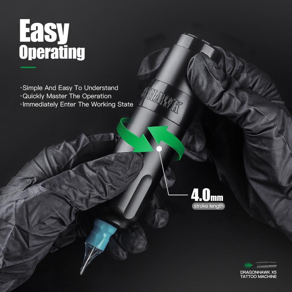Dragonhawk X5 børsteløs motor 4,0 mm slag trådløst batteri Roterende tatoveringsmaskinsett med for sminkekassettsett