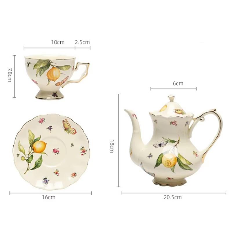European Coffee Cup and Saucer Teapot Afternoon Tea Cup Lemon Pattern Ceramic Teacup Kettle Dessert Plate Drinking Utensil Gifts