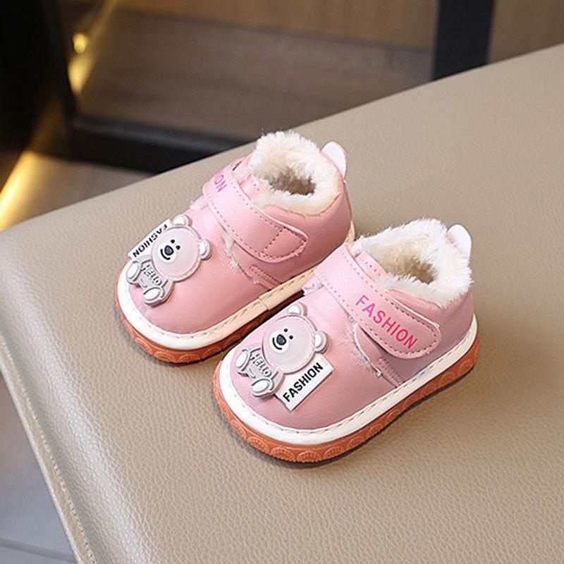 Squeaky Booties for 0-2 Years Old Fleece-Lined Thickened Baby Shoes with Soft Soles, Unisex Animal Graphic First Walkers