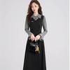 Spring new large size fat mm fake two-piece trendy French retro dress, thin women's black long skirt