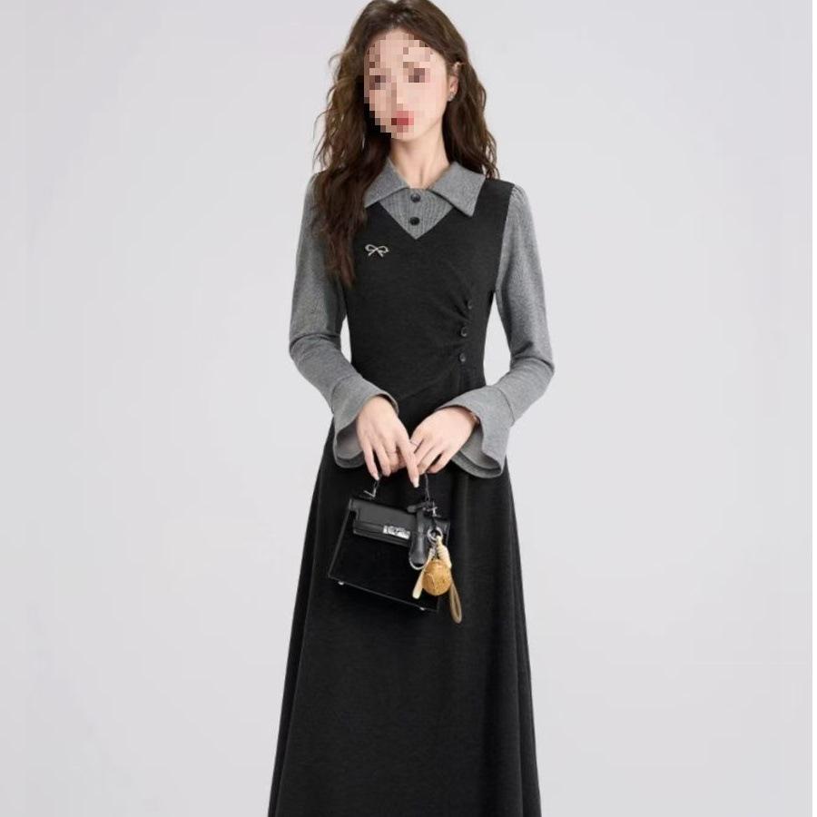 Spring new large size fat mm fake two-piece trendy French retro dress, thin women's black long skirt