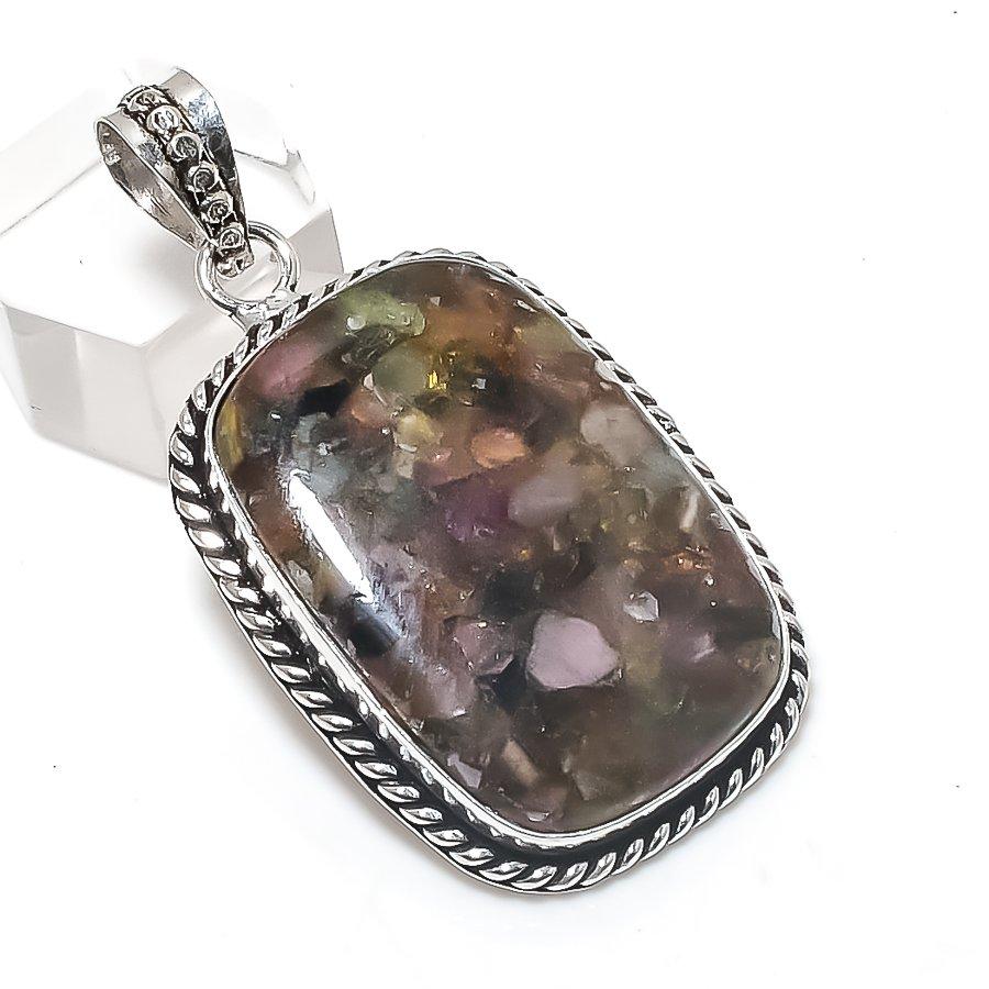 Watermelon Tourmaline Gemstone 925 Sterling Silver Jewelry Pendant 2.05"