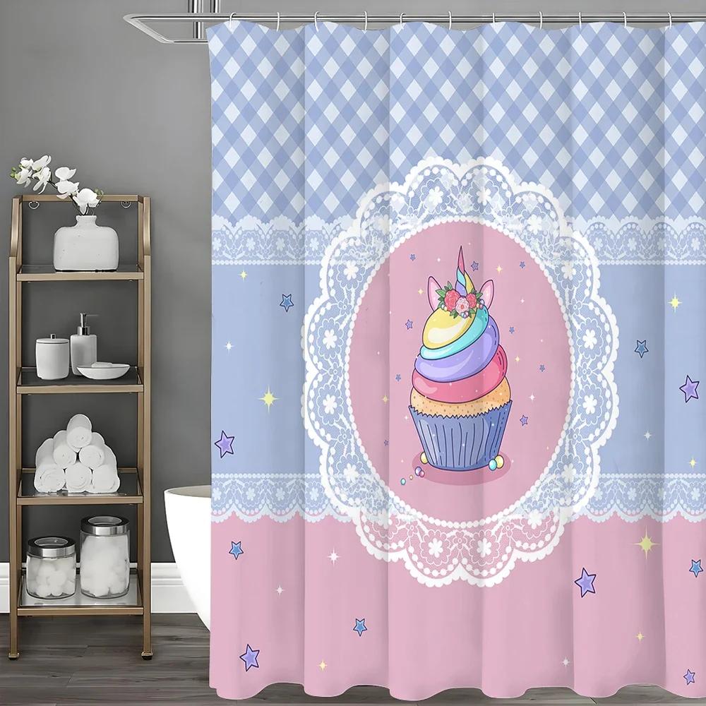 ~O~Powder Blue Lace Ice Cream Shower Curtain, Bathroom Decorative Shower Curtain, Waterproof Shower Curtain with Hooks