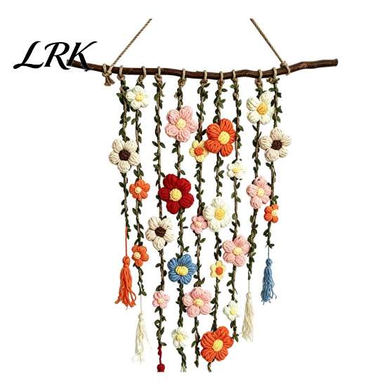 Handcrafted Fabric Wall Hanging Crochet Flower Garden Hanging, Colorful Knitted Tapestry, Handmade Boho Whimsical Tapestry Farmhouse Art for