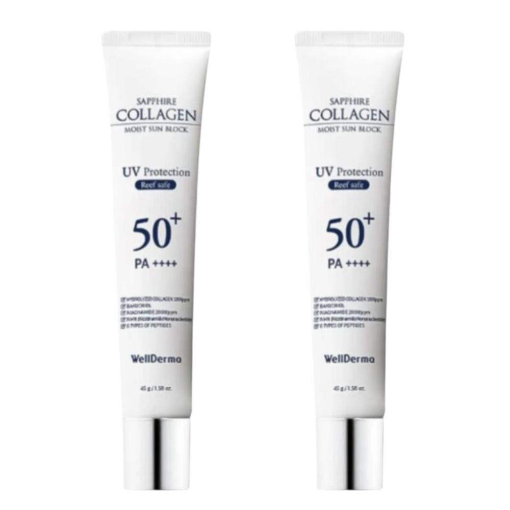 WellDerma / Сапфировый Коллагеновый Увлажняющий Солнцезащитный Блок SPF50+ PA++++ / 50 г Набор 1+1 / Увлажняющий Коллагеновый Солнцезащитный Крем / Произведено в Корее