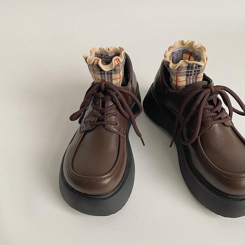 

2025 Весенние туфли на шнуровке, готические лоферы, туфли на массивном каблуке, туфли-оксфорды на платформе для женщин, женские туфли на толстой подошве из лакированной кожи 39 коричневый