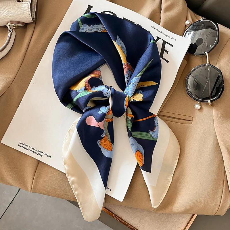 New Floral Print Shawl Design Silk Square Scarf Women Female Wrap Headkerchief Hijab Beach Stoles Hair Band Echarpe Bandana 2023