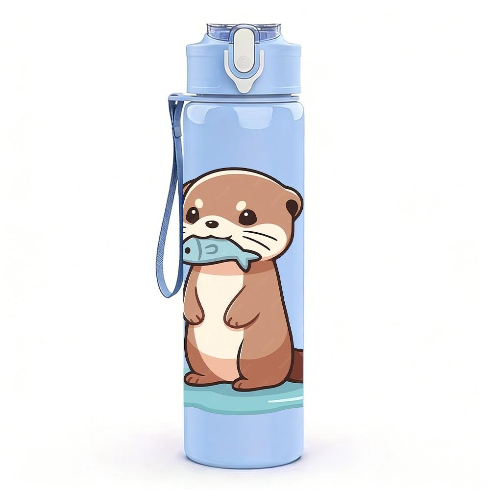1PC Cute Otter Sitting Cartoon Animal Print 750ml Color Plastic Sports Water Bottle Leakproof Flip Straw Lid Suitable for Sports Office Home Use