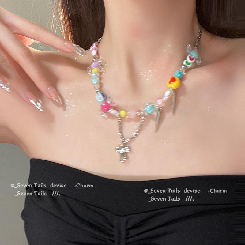 Rainbow Candy Necklace Women INS Niche High Sense Viral Internet Accessories Sweet Cool Girls Clavicle Chain Trend Neck Chain