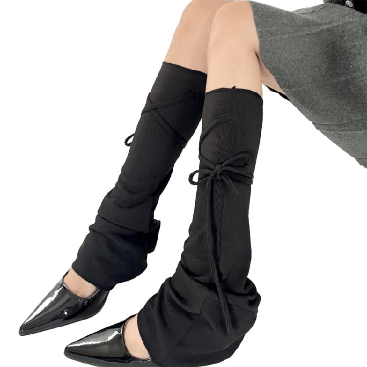 Women Harajuku Solid Color Flared Leg Warmers Lace Up Bandages Leg Sleeves Cover Footless Wide Leg Long Socks Streetwear