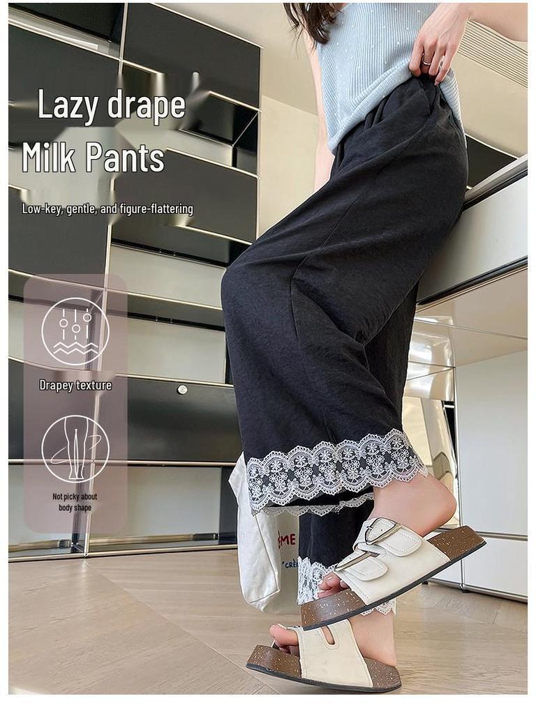2025 Damen High Waist Spitzenbesatz Eisseide Weitbein Hose - Sommer Schlankmachende Freizeit Hose