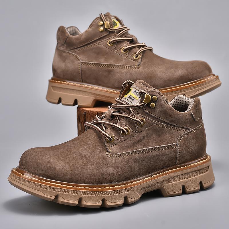 Men's Yellow Leather Toe Cap Pigskin Short Boots - Casual Velvet-Lined Warm Autumn/Winter Style