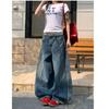 Plus Size Retro Washed Deconstructed Scimitar Three-Stripe Patchwork Wide-Leg Jeans