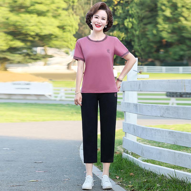 

Summer Cotton Sportswear Set for Middle-Aged Women - Short-Sleeved T-Shirt Two-Piece 5XL сливовий/фіолетовий