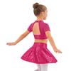 Set da Ballo per Bambina Top Corto e Gonna con Paillettes Lucide, Collo Alto, Maniche Corte, Patchwork in Rete, Schiena Scoperta