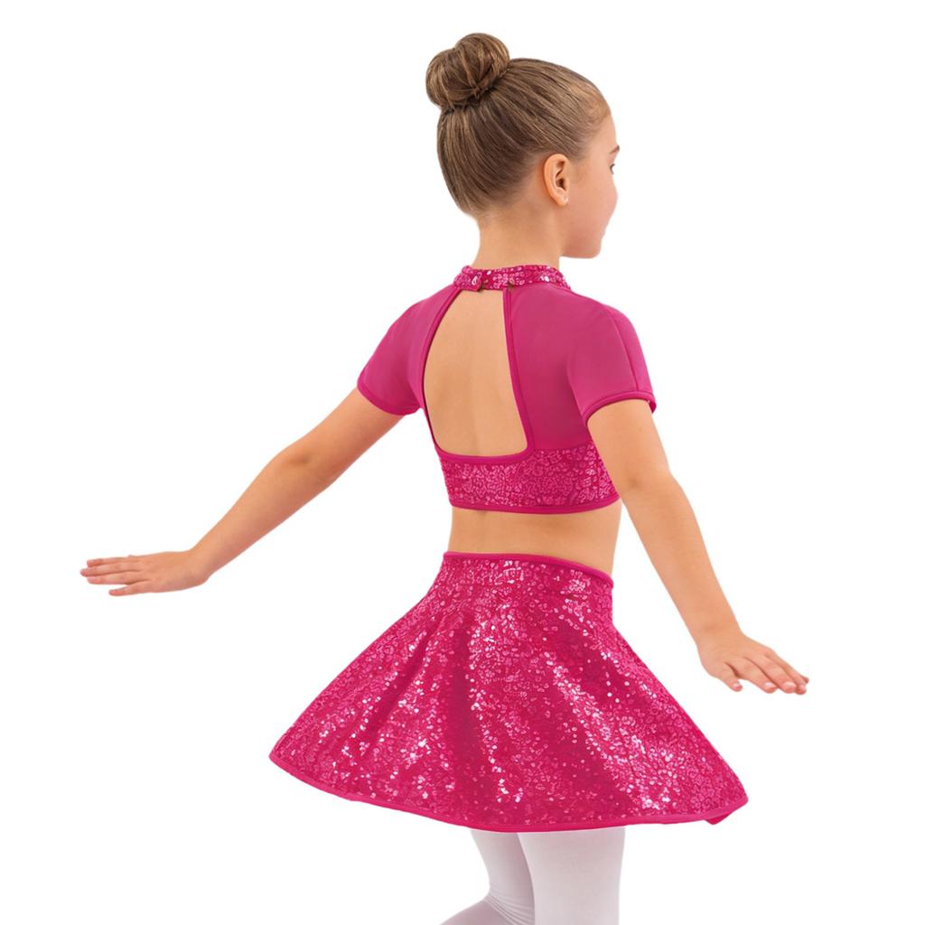 Set da Ballo per Bambina Top Corto e Gonna con Paillettes Lucide, Collo Alto, Maniche Corte, Patchwork in Rete, Schiena Scoperta