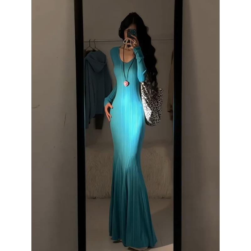 

Высококлассное трикотажное платье с V-образным вырезом и длинными рукавами, женское осеннее новое темпераментное платье с завышенной талией и длинной юбкой «рыбий хвост» S озеро синий