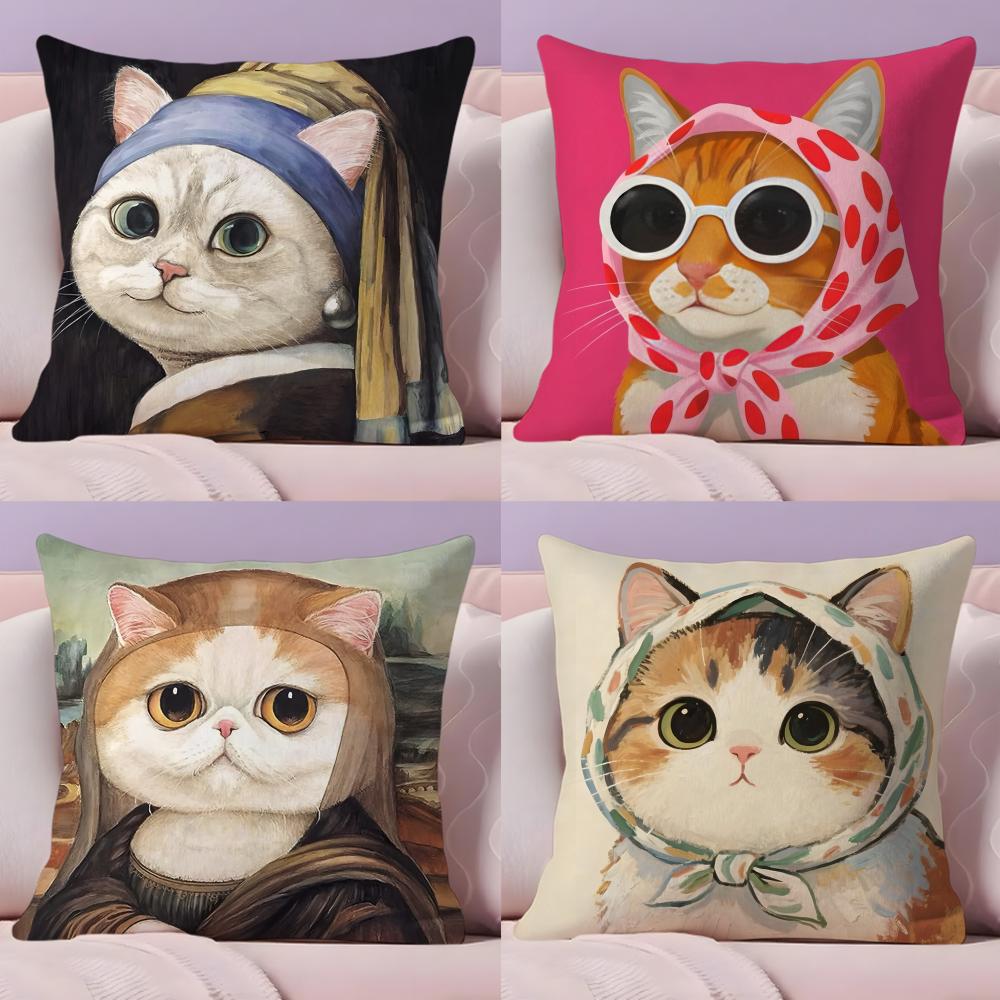 Art Cat Cute Cushion Cover Plush Fabric Soft Double-Sided Printed Sofa Warm Winter Home Child Gift Pillow Case
