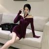 One-word Shoulder Purple Neck Hanging Long-sleeved Dress Women's Autumn Slim-fitting Waist Skirt Pure Desire Wind Tight Hip-wrapped Short Skirt